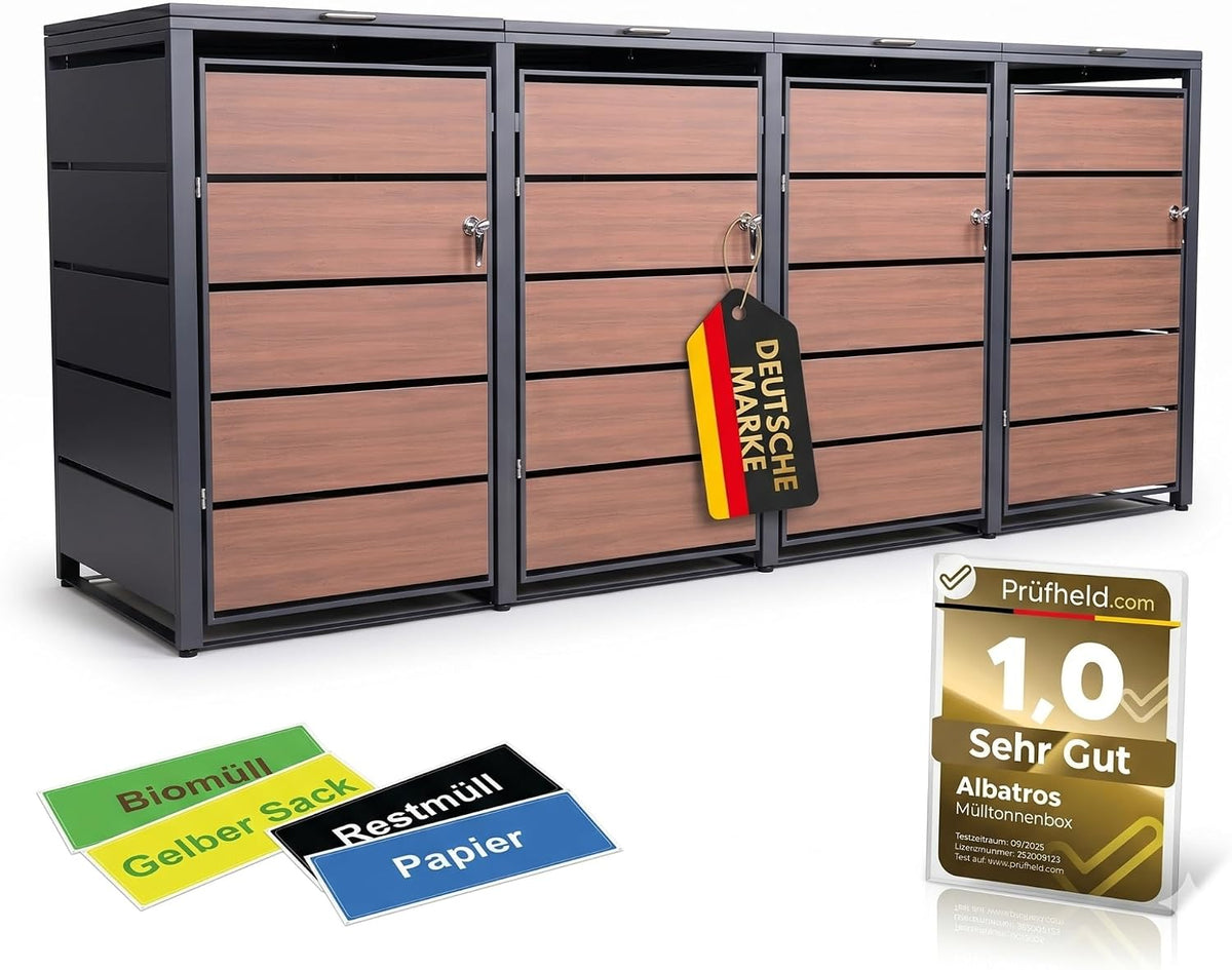 ALBATROS, Mülltonnenbox, 240 L, Rot/Grau, 4er Holzdekor, Metall, 120-, abschliessbar