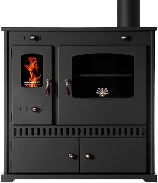 Prometey, Kaminofen, 7 kW, Schwarz, EEK A+ mit Backfach und Herdplatte Perfect Eco Holzofen
