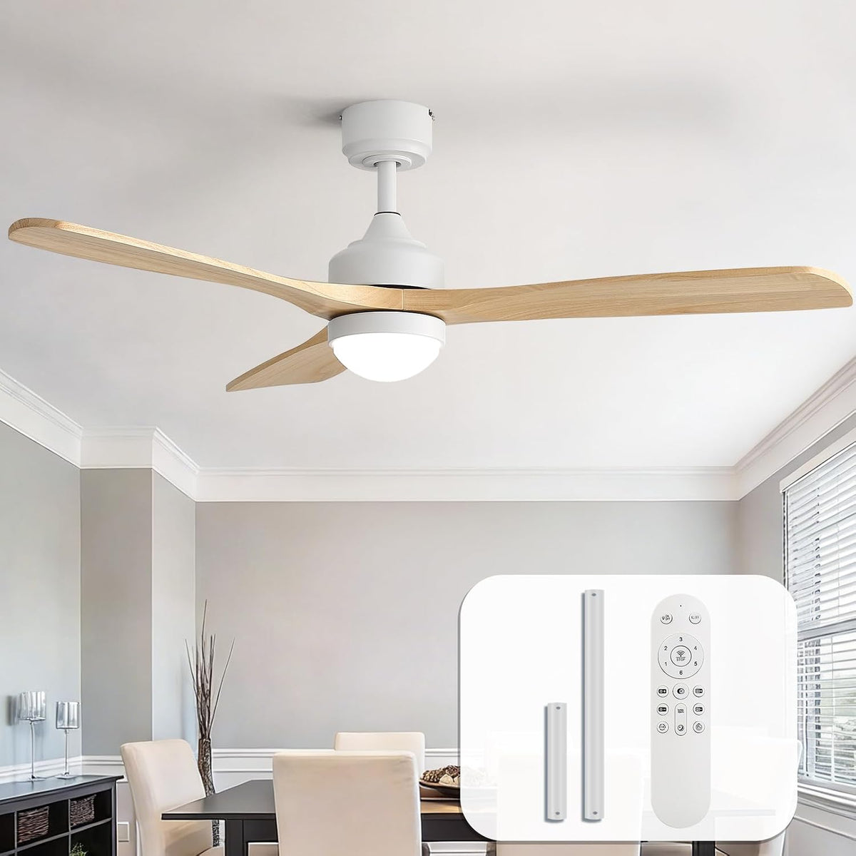 Sofucor, Deckenventilator, Weiss/Grau, mit Beleuchtung und Fernbedienung, Massivholz