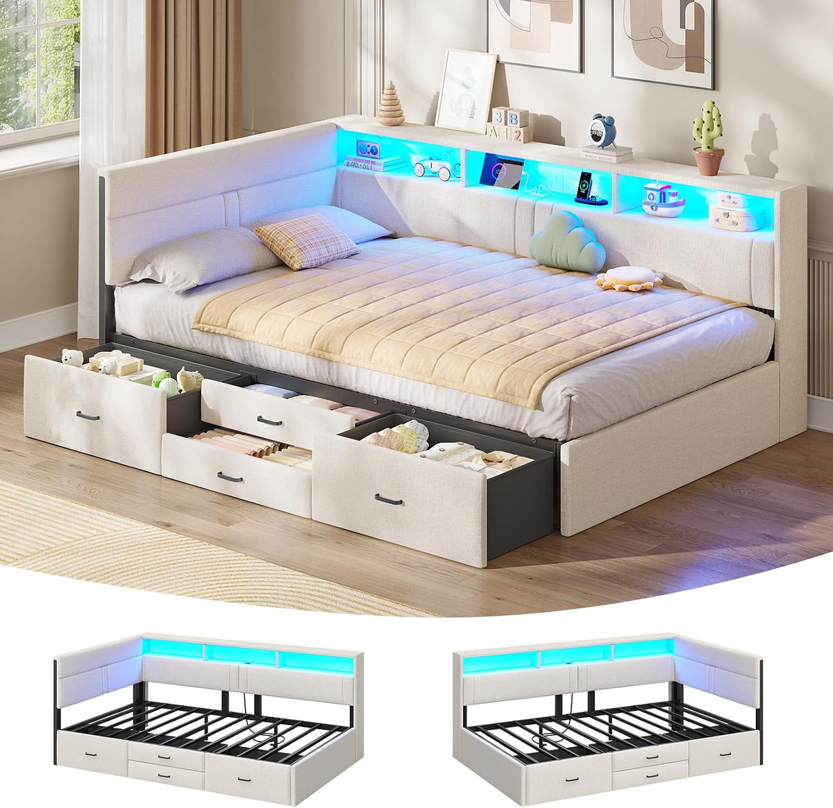 AOGLLATI, Matratze, Beige, Polsterbett Schlafsofa 90x200, Einzelbett mit LED-Beleuchtung & Ladestation, Jugendbett Tagesbett 90 x 200