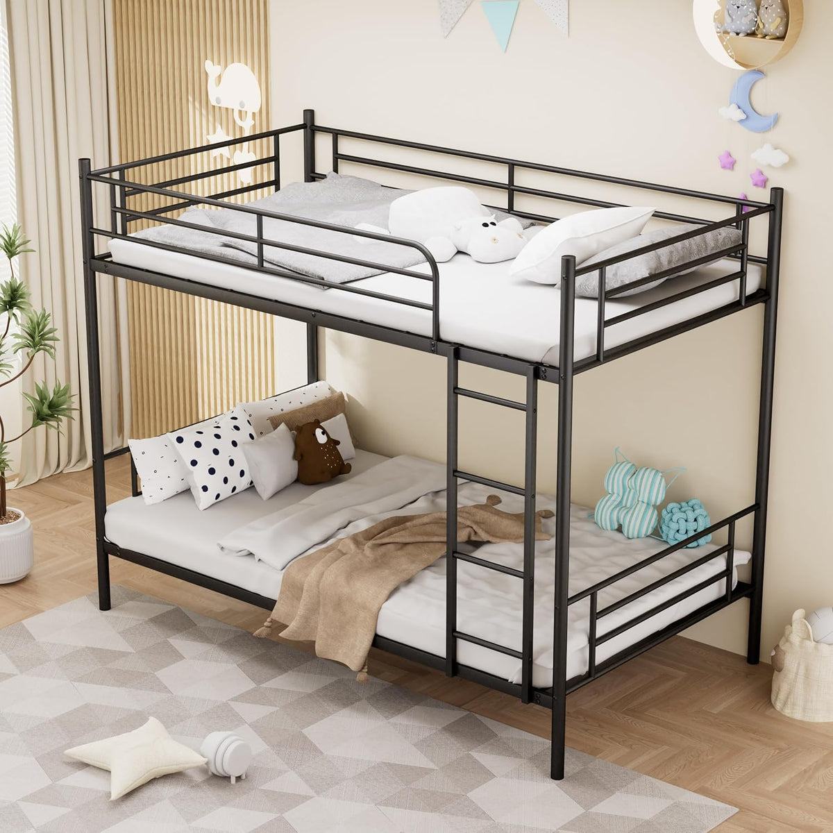 FAVSH, Bettrahmen, 90x190 cm, Schwarz, Etagenbett Metall, Hochbett Metalltreppe mit Metalltreppe und hohem Geländer