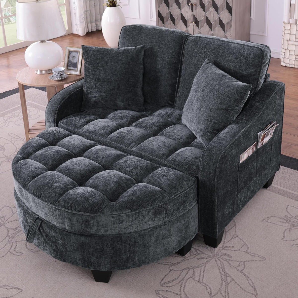 Sofa, Kuczn, Schwarz/Dunkelgrau/Beige, Modulares Schlaf aus weichem Chenillestoff, mit Schlaffunktion, Aufbewahrungs-Hocker