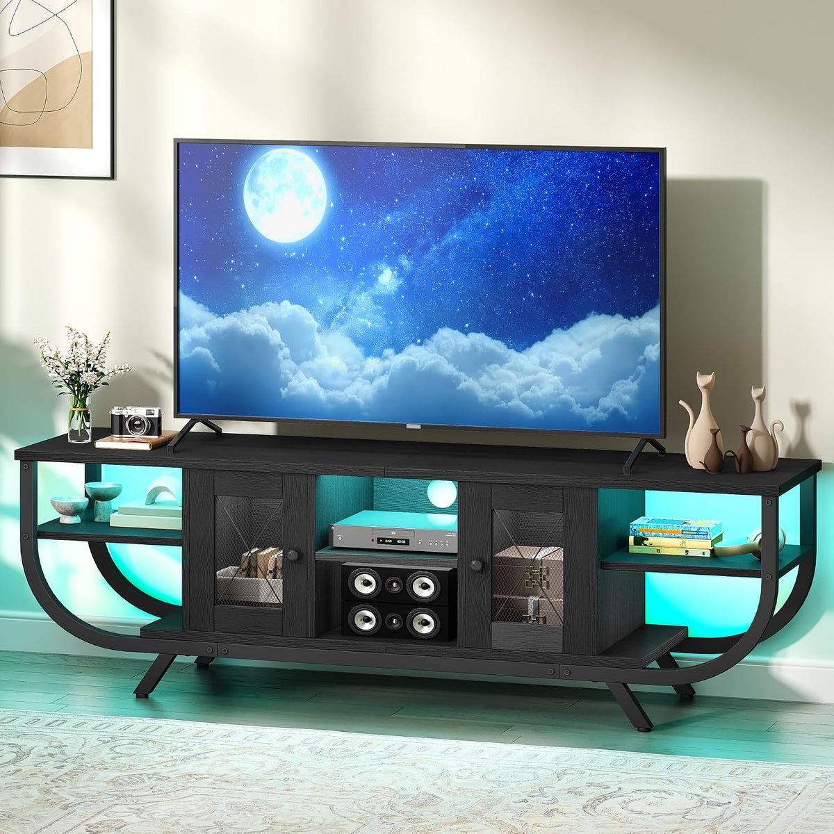 TV-Schrank, YITAHOME, 55 Zoll, 140CM, Schwarz, Lowboard, Industrielles, TV Lowboard für Fernseher bis zu mit LED-Beleuchtung