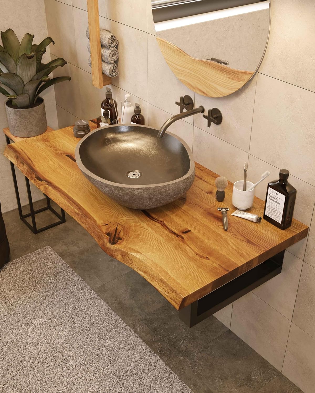 BestLoft.de, Waschplätze, 60 cm, 45 cm, 40 mm, Beige/Braun, Waschtischplatte Holz (Länge: / Breite: 40- ) Waschtisch