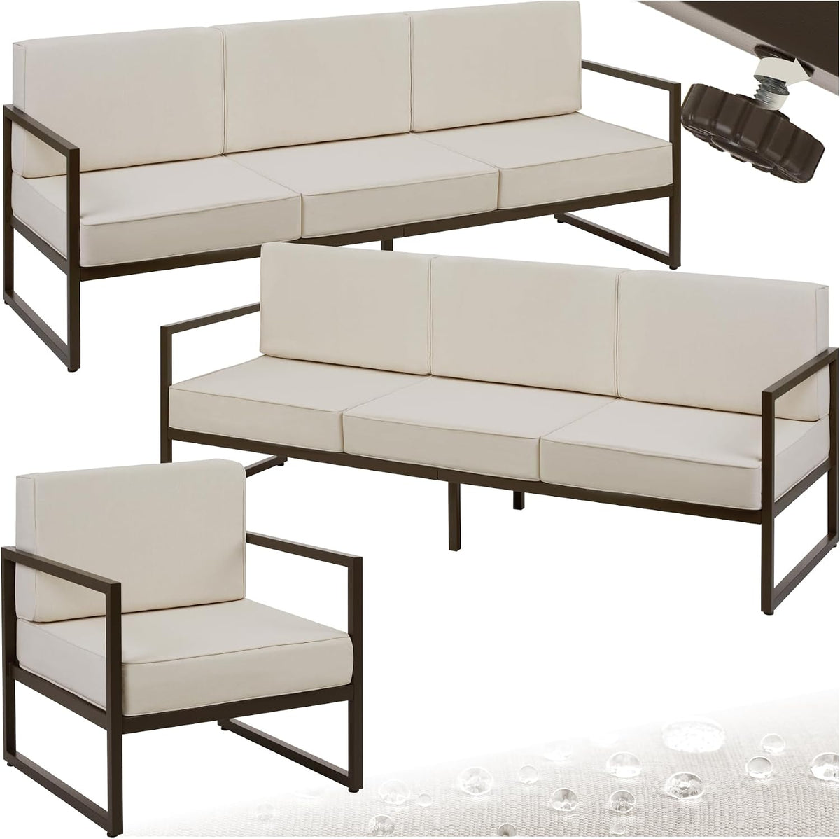 Sofa, tectake, Weiss/Grau, ® Gartenlounge Outdoor, 2X 3 Sitzer 1x Gartensessel, Relaxsessel Garten, Gartenbank