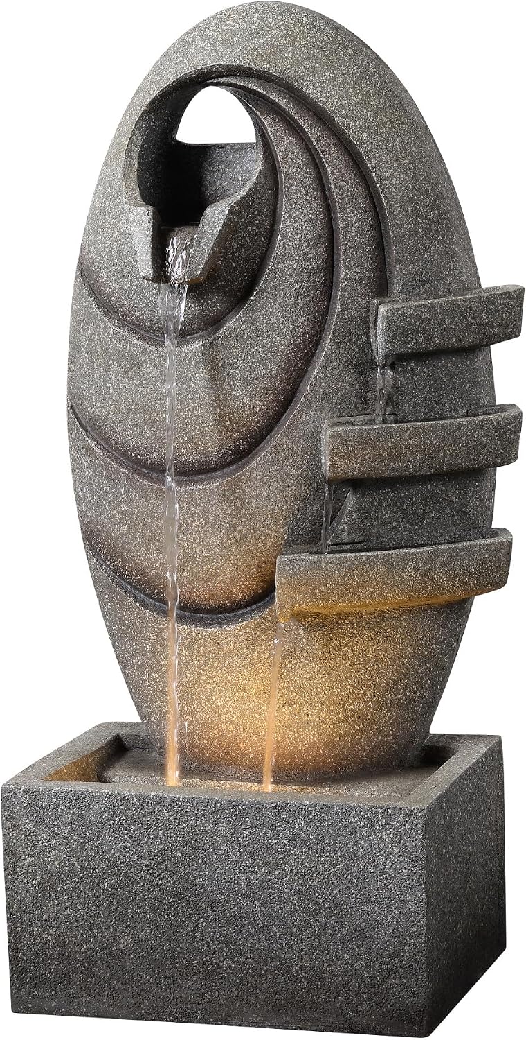 Teamson Home, Bodenspringbrunnen, Grau, Garten Outdoor Brunnen Moderner Ovaler Brunnen mit warmen, Einstellbarer Fluss