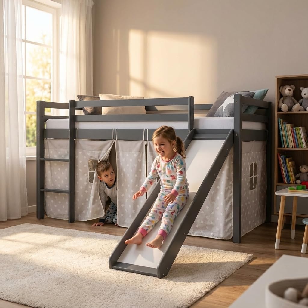Homestyle4u, Bett, Grau, Kinder Hoch 90x200 mit Rutsche & Leiter