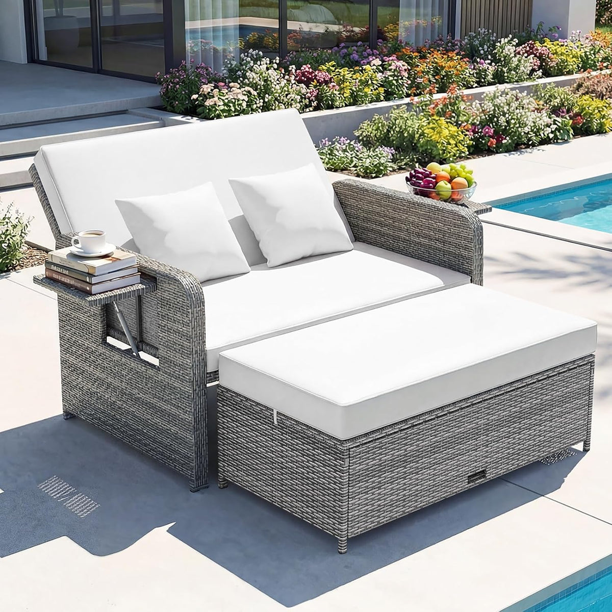 Sofa, GIANTEX, Grau/Weiss, Lounge Möbel Outdoor, Garten mit Liegefunktion, Gartenlounge