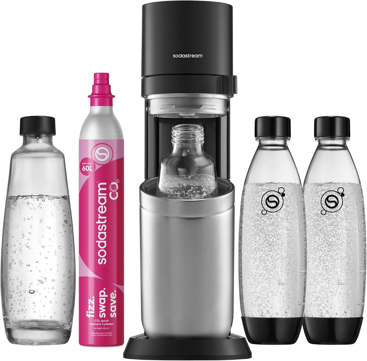 sodastream, Wassersprudler, 1 L, Grau/Weiss, DUO - 4x Sprudlerflaschen & CO2-Zylinder