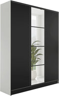 Kleiderschrank, KIER FURNITURE, 156,4x205x39 cm, Weiss/Schwarz, mit Spiegel - Schrank Schlafzimmer - Garderobenschrank Flur