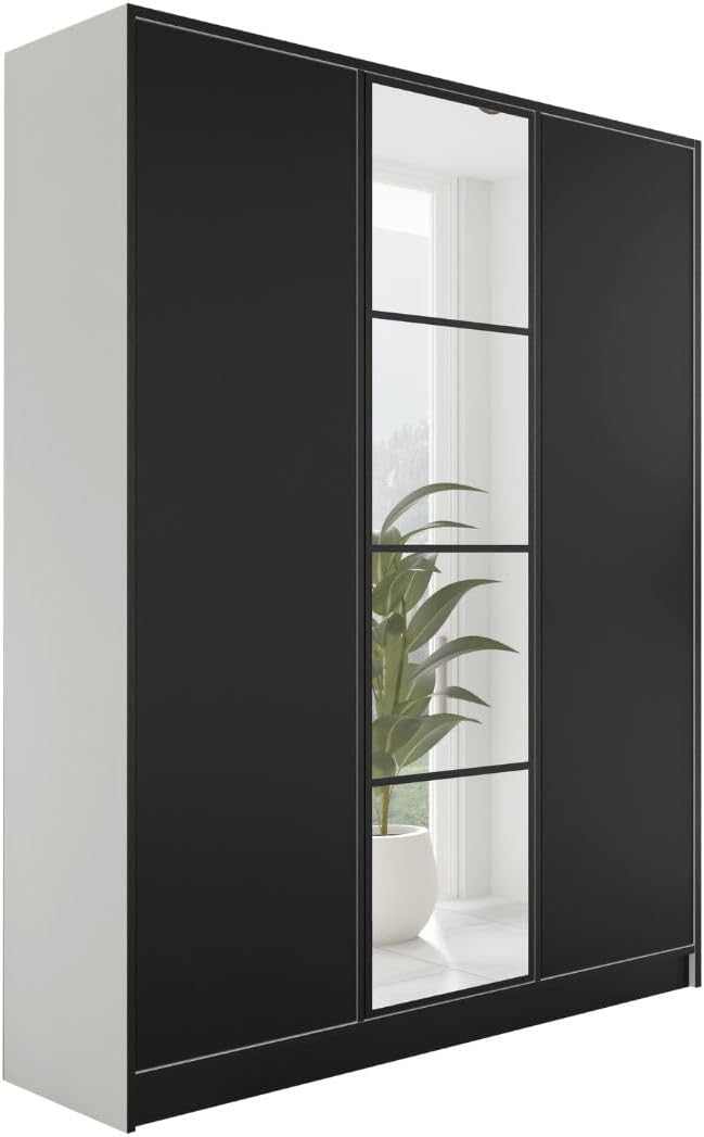 Kleiderschrank, KIER FURNITURE, 156,4x205x39 cm, Weiss/Schwarz, mit Spiegel - Schrank Schlafzimmer - Garderobenschrank Flur
