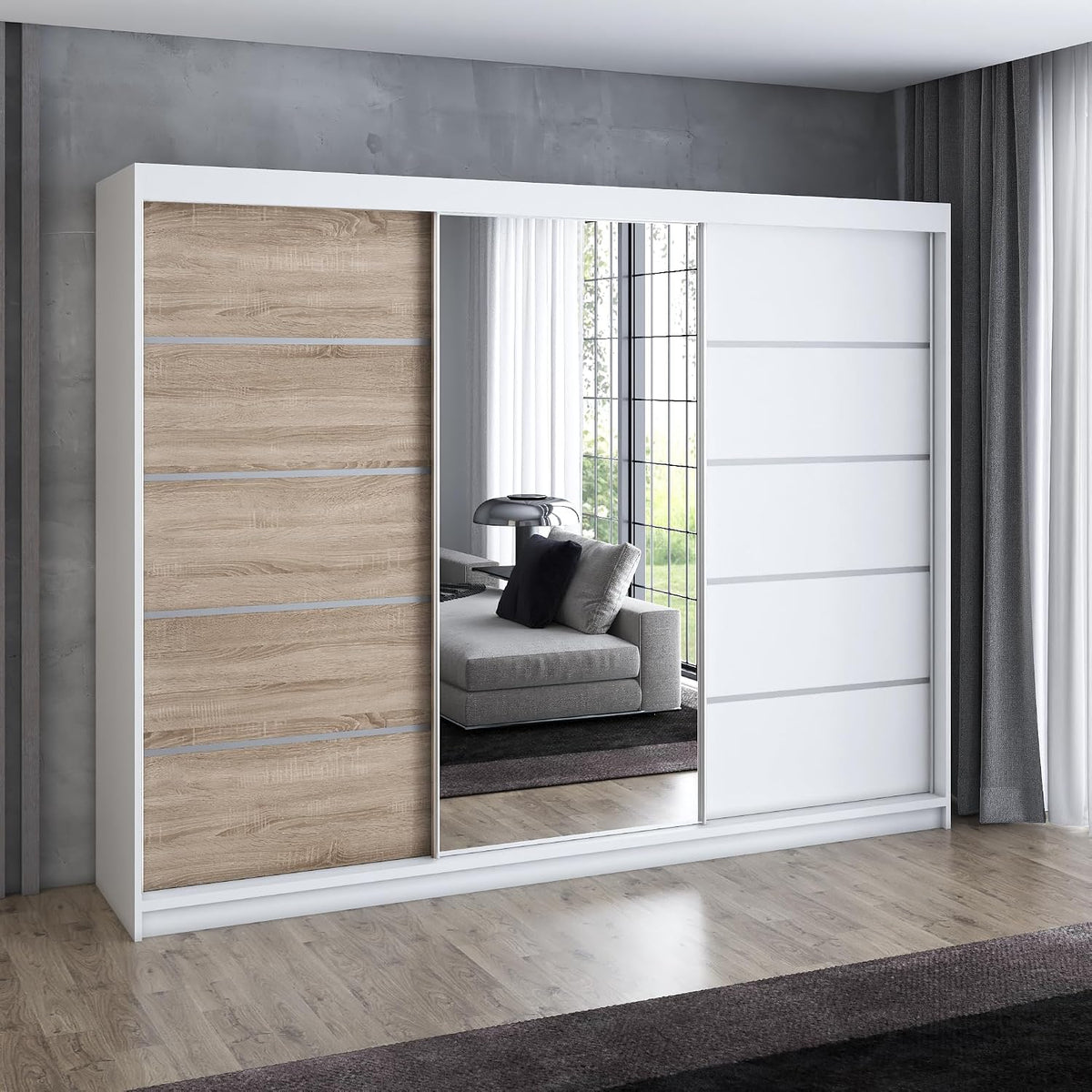 A&J MöbelLand, Kleiderschrank, 200 cm, Weiss, Schlafzimmerschrank, Schwebetürenschrank VILUNO 1 3-türig mit Spiegel
