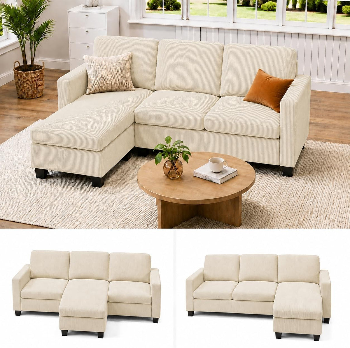 Sofa, Xbro, 188 x 136,5 x 89 cm, Beige, Eckcouch L-Form Mit Ottomane, 3-Sitzer Wohnzimmer Für Kleine Räume, Modulare Chaiselongue