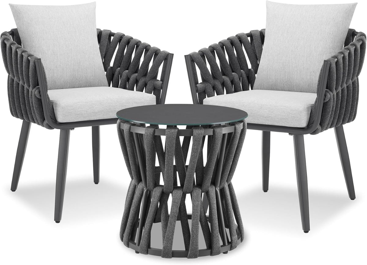 Gartenmöbel-Set, tectake, Grau/Weiss, ® Lugano Rope-Design, Aluminiumgestell, Tisch 2 Stühle, Dicke Sitzpolster