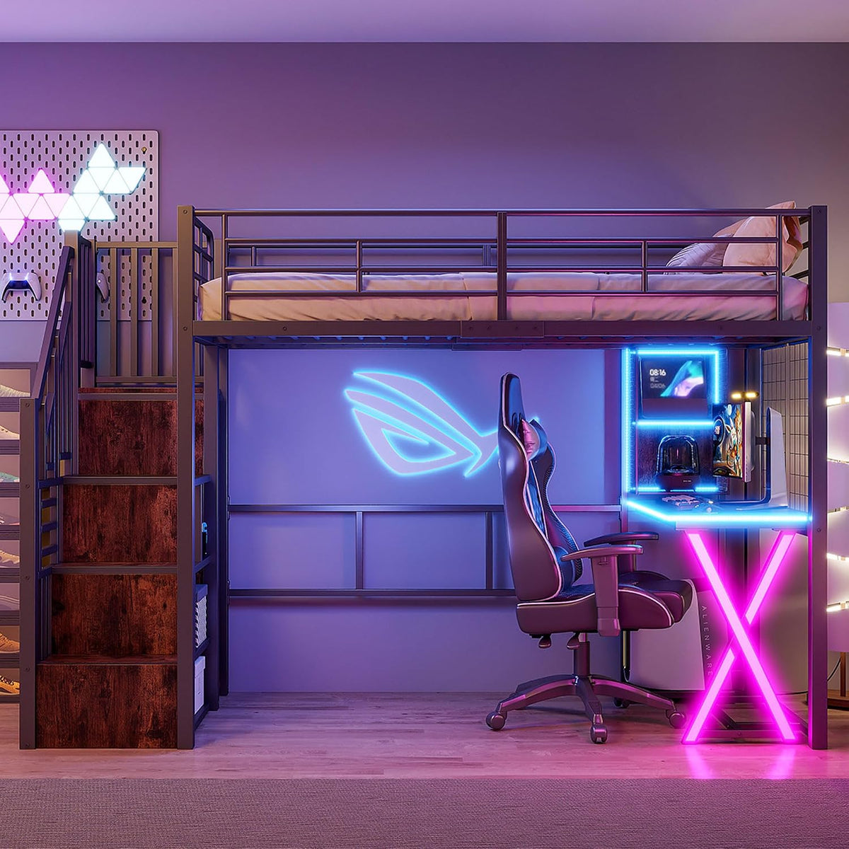 Jovify, Matratze, 90x200 cm, Schwarz, LED Hochbett mit Schreibtisch, Bücherregal, Treppe und Kleiderschrank, Etagenbett mit Lattenrost