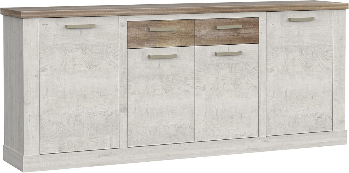 Forte, Sideboard, 212,8 x 90,3 x 41,3 cm, Weiss, DURO Kommode mit 4 Türen und 2 Schubladen, Holzwerkstoff, Pine und Antikeiche