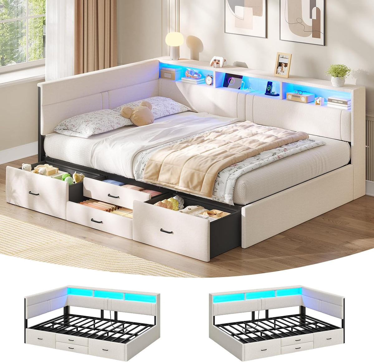 AOGLLATI, Matratze, Beige, Polsterbett Schlafsofa 140x200, Doppelbett mit LED-Beleuchtung & Ladestation, Jugendbett Tagesbett
