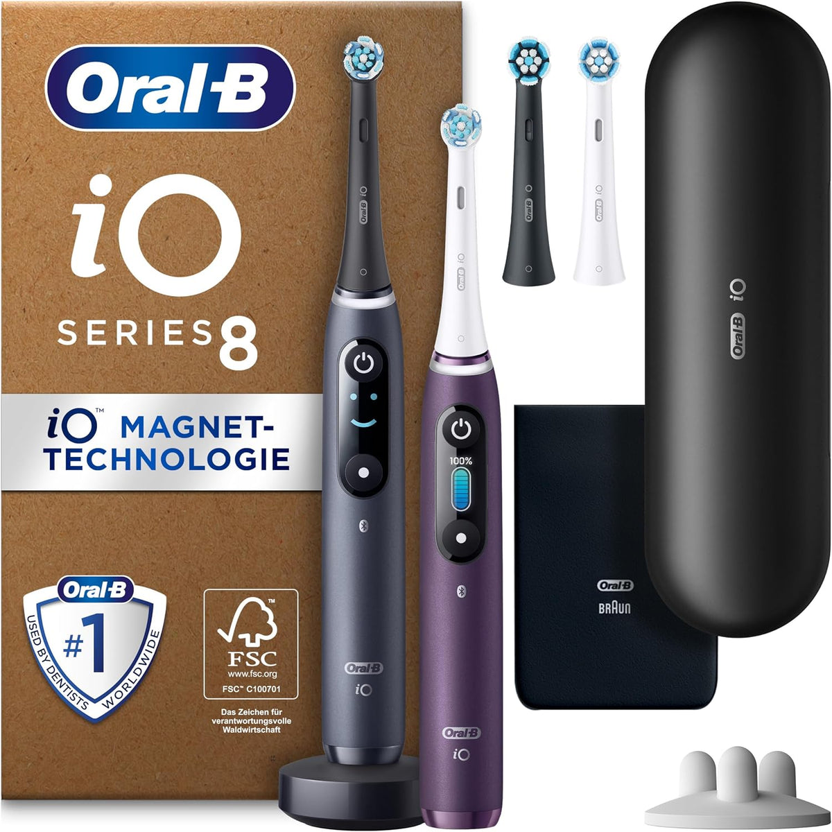 Oral-B, Rotierend, Braun/Schwarz, iO Series 8 Plus Edition Doppelpack Elektrische Zahnbürste, PLUS 4 Aufsteckbürsten