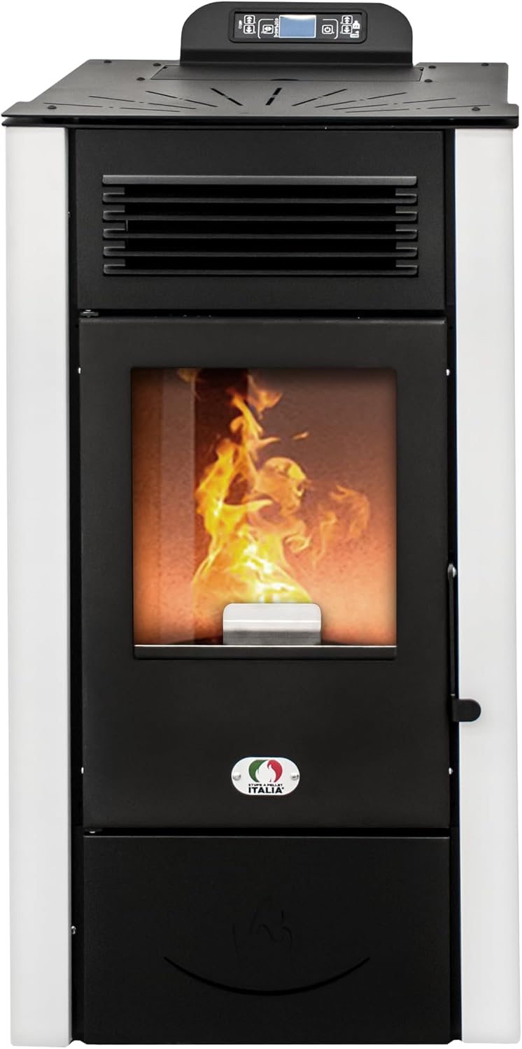 STUFE A PELLET ITALIA, Öfen, 14 Kw, Weiss/Schwarz/Rot, San Diego Kanalisiert