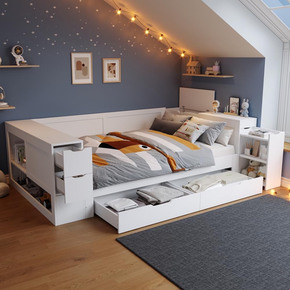 Cayipng, Matratze, 140 x 200 cm, Weiss, Holzbett, Kinderbett, Bettkasten, Schlafsofa, Multifunktionsbett mit Schubladen