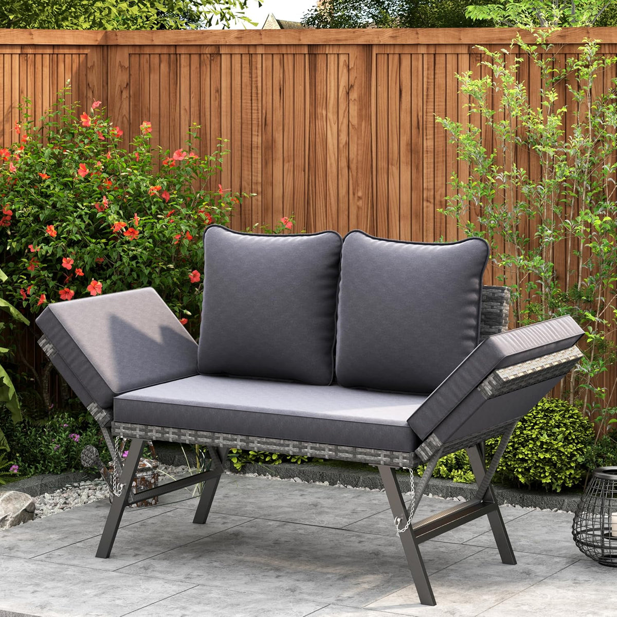Sofa, Amopatio, Grau, Gartenbank Polyrattan mit Liegefunktion, 2-Sitzer Garten mit verstellbaren Armlehnen, wetterfestes Outdoor für Garten