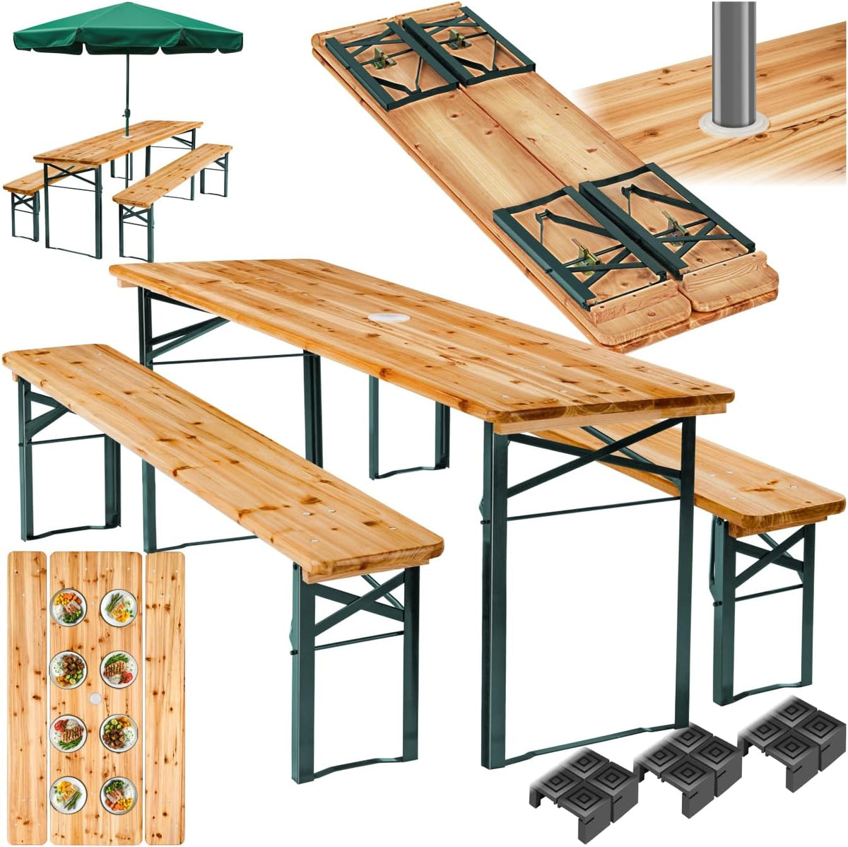 tectake, Essgruppe, 170 x 46 x 78 cm, Braun, ® Bierzeltgarnitur mit Tisch und 2X Bierbank, mit Schirmhalterung und 12 Bodenschoner Bierzeltgarnitur