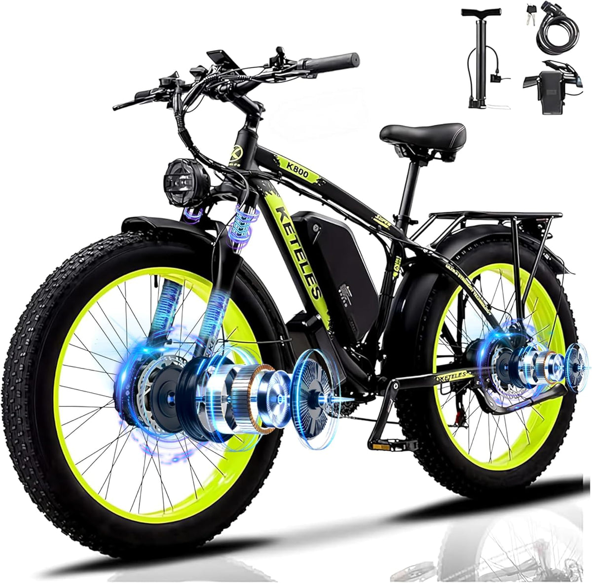 QIKAITU, Elektrische Fatbikes, 250 W, 32AH, 23AH, Schwarz/Grau, K800 E Bike, / Akku Ebike mit Telefonhalter, E Fatbike mit 26'x4.0' Fat Tire