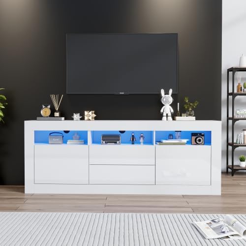 TV-Schrank, Merax, 160 cm, Weiss, Lowboard, TV Schrank Lowboard mit LED Beleuchtung, Hochglanz TV Board, Push-to-Open System
