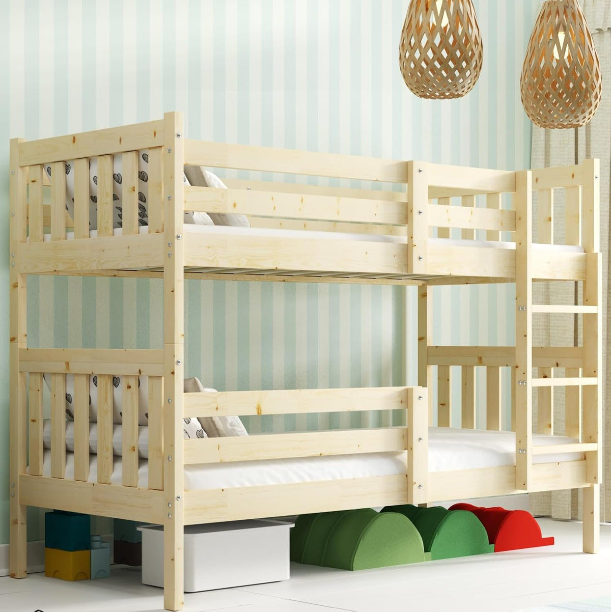 Interbeds, Bett, 90x200 cm, Beige/Grau, Etagen aus Holz mit Lattenrost Kinder umbaubar