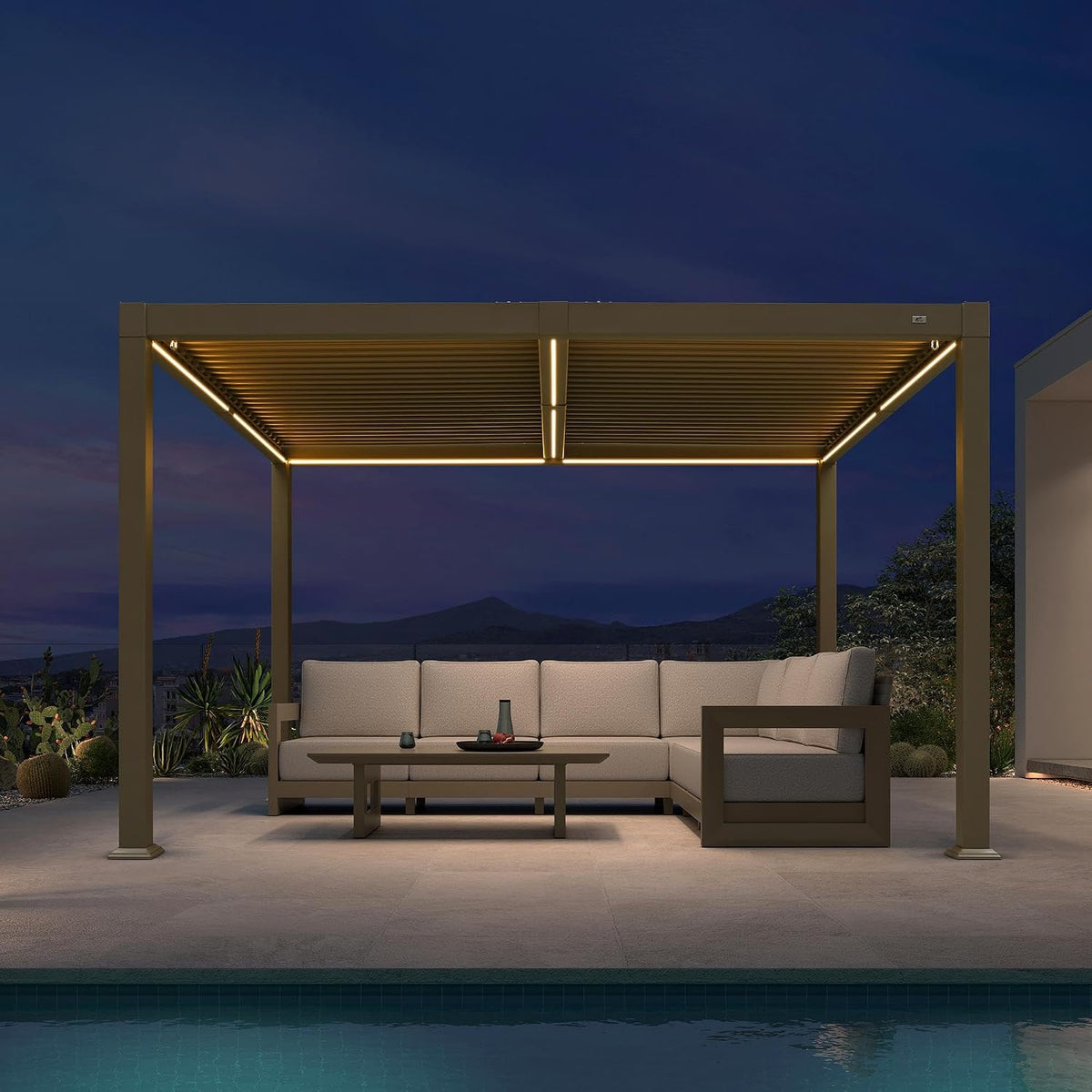 PURPLE LEAF, Pavillon, 3,65 m, Violett, Pergola 3 × LED Lamellendach mit Entwässerung Champagner