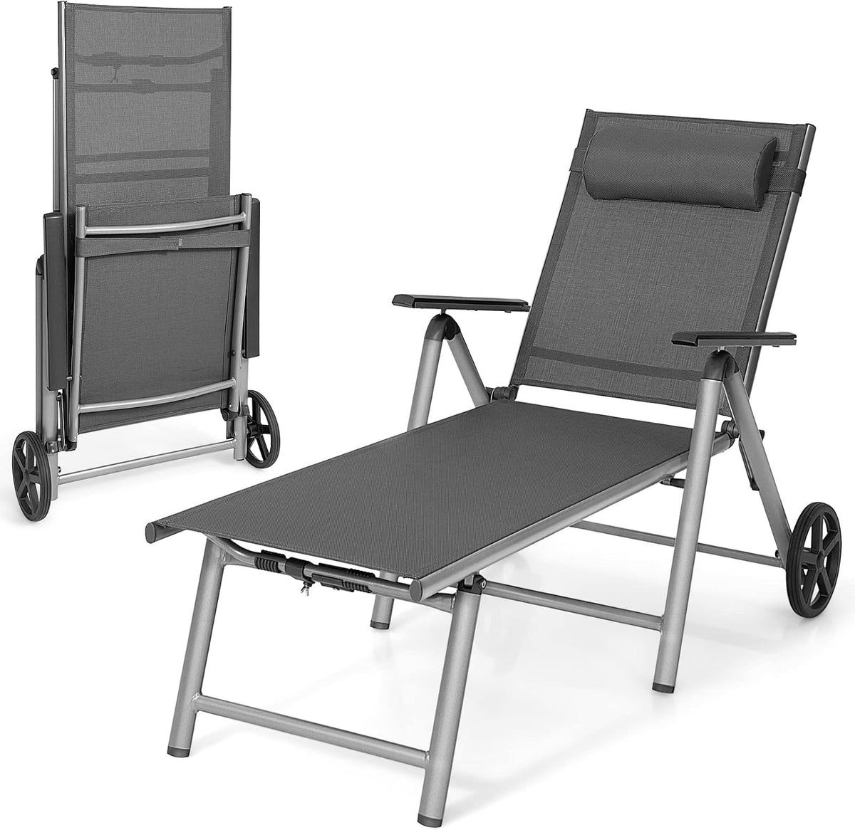 COSTWAY, Liegen, Grau, Sonnenliege Aluminium mit Rollen, Gartenliege klappbar