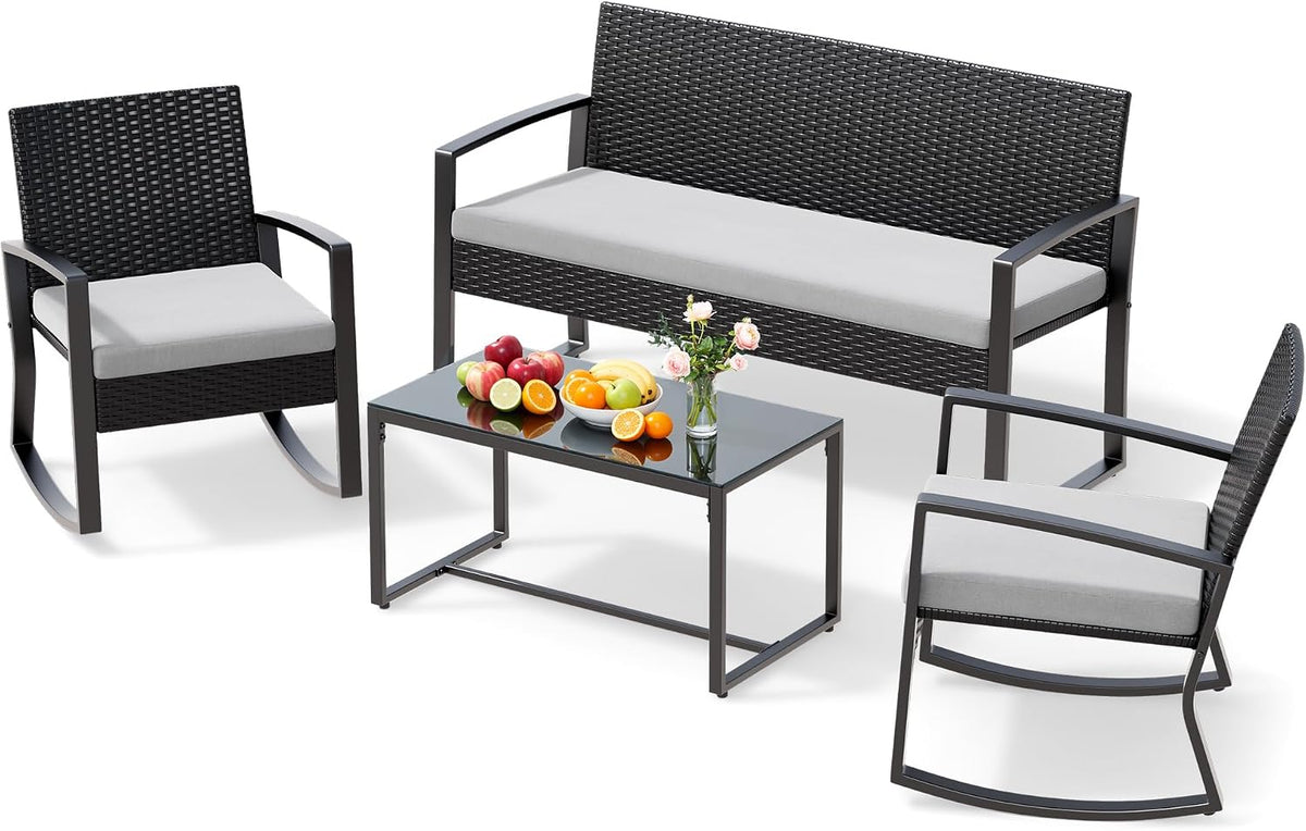 Gartenmöbel-Set, Xbro, Grau/Weiss, Rattan Gartenmöbel Set für 4 Person, Balkonmöbel Lounge mit 2 stühlen