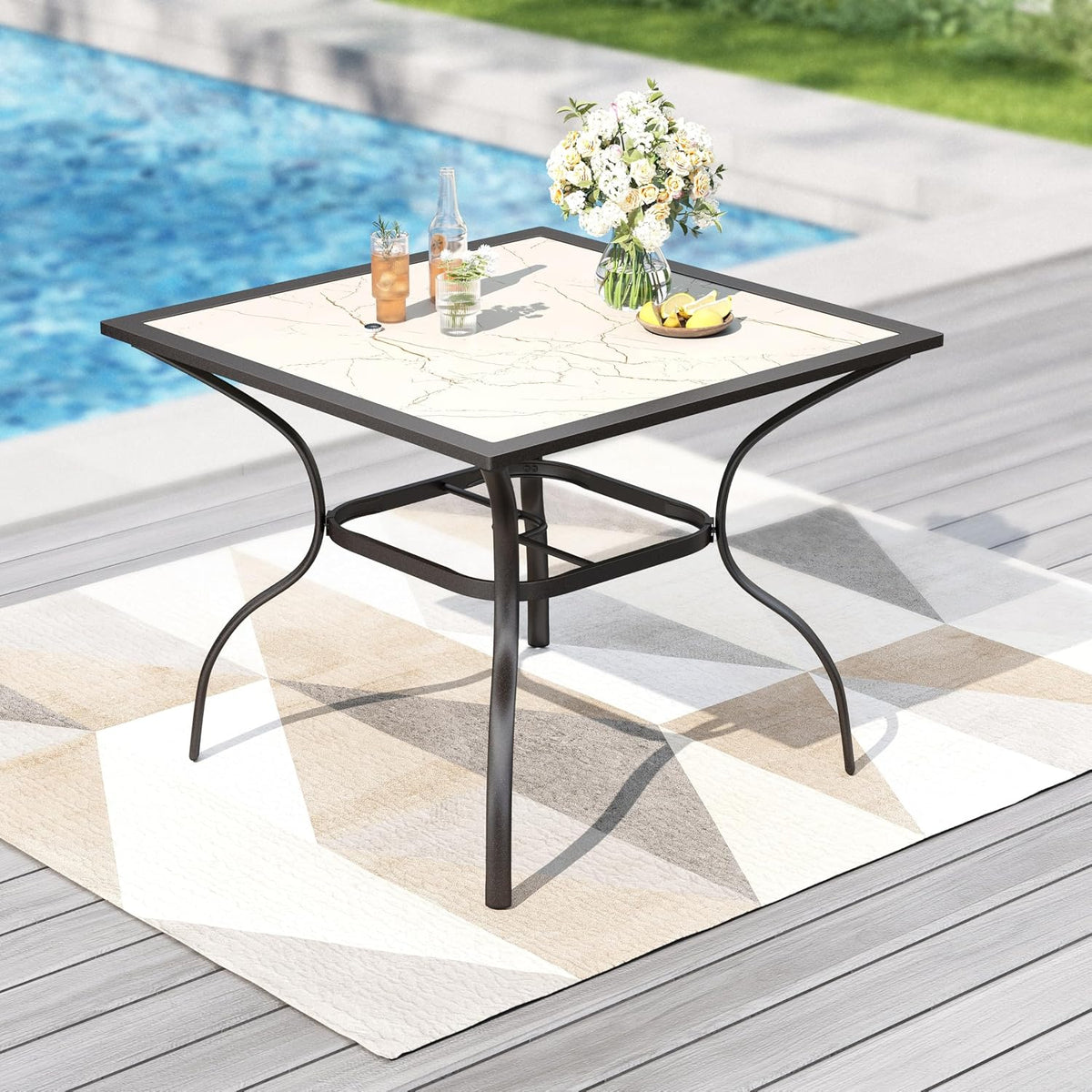 PHI VILLA, Esstisch, 94x94x74 cm, Weiss/Grau, Gartentisch Wetterfest, Metall Outdoor Tisch Table