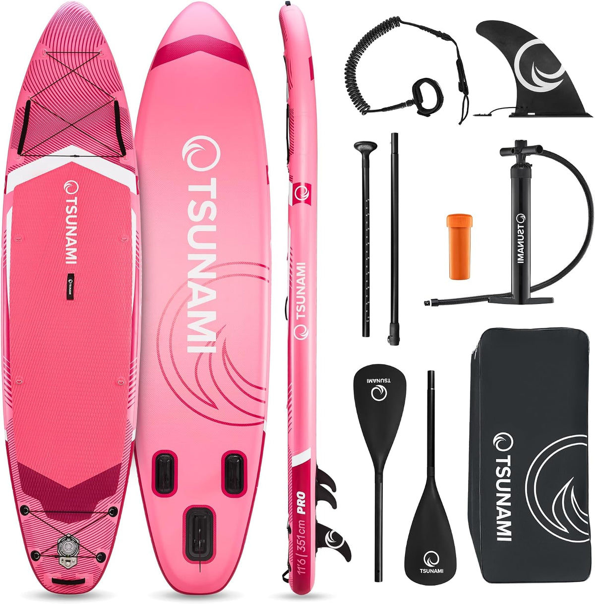 TSUNAMI, SUP-Board, 160 kg, 350 cm, Rosa/Rot, Stand-up-Paddle-Board PRO, mit Komplettes Zubehör, Pumpe und Sicherheitsleine