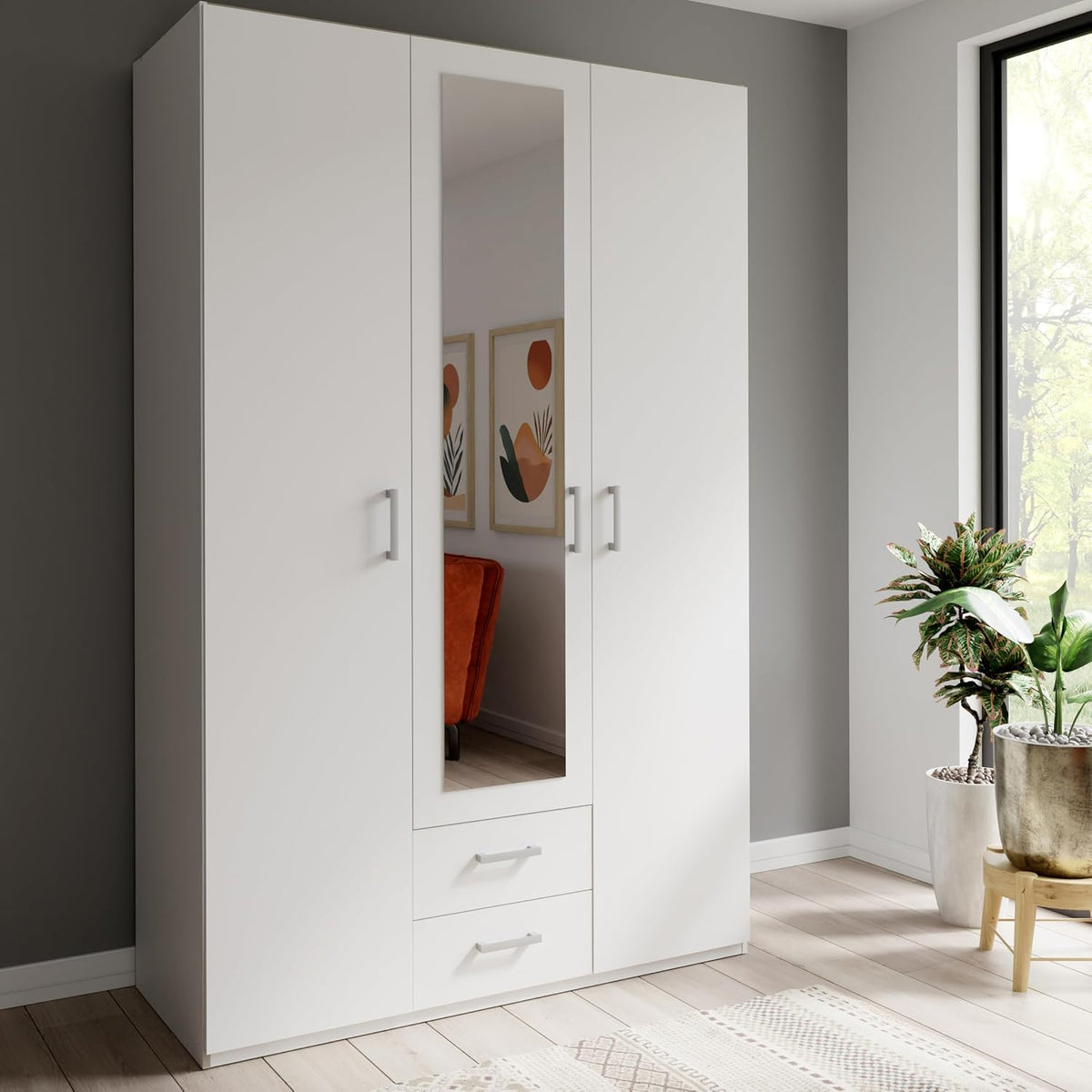 Forte, Kleiderschrank, 133,2 cm, 210,5 cm, 54,2 cm, Weiss, ECONOBOX 2 130 135, 3-türiger Drehtürenschrank mit Spiegel und 2 Schubladen