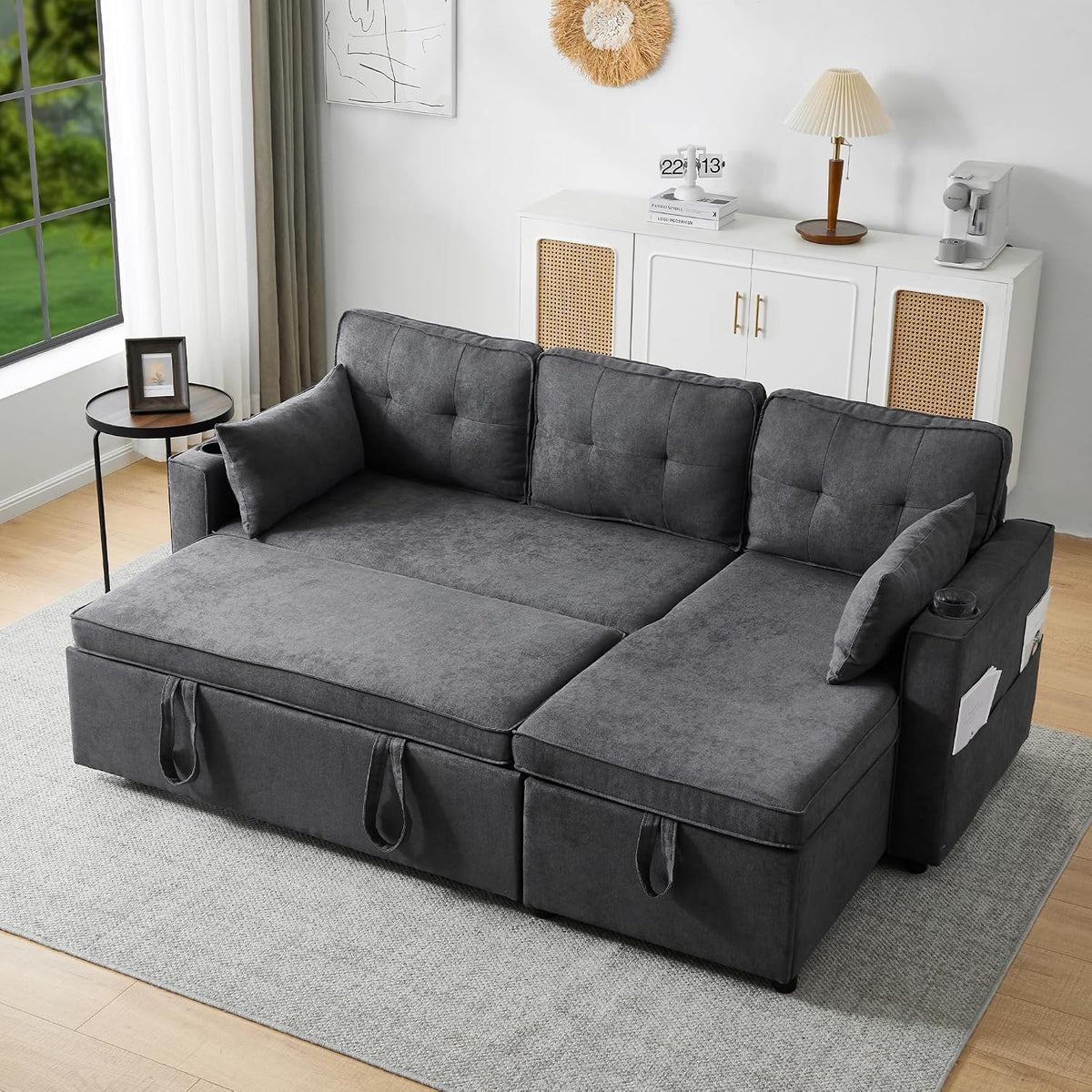 Sofa, Merax, Grau, Eck mit Schlaffunktion, Praktisches Schlaf mit Bettkasten, Schlafcouch mit Stauraum, Getränkehalter und Seitentaschen