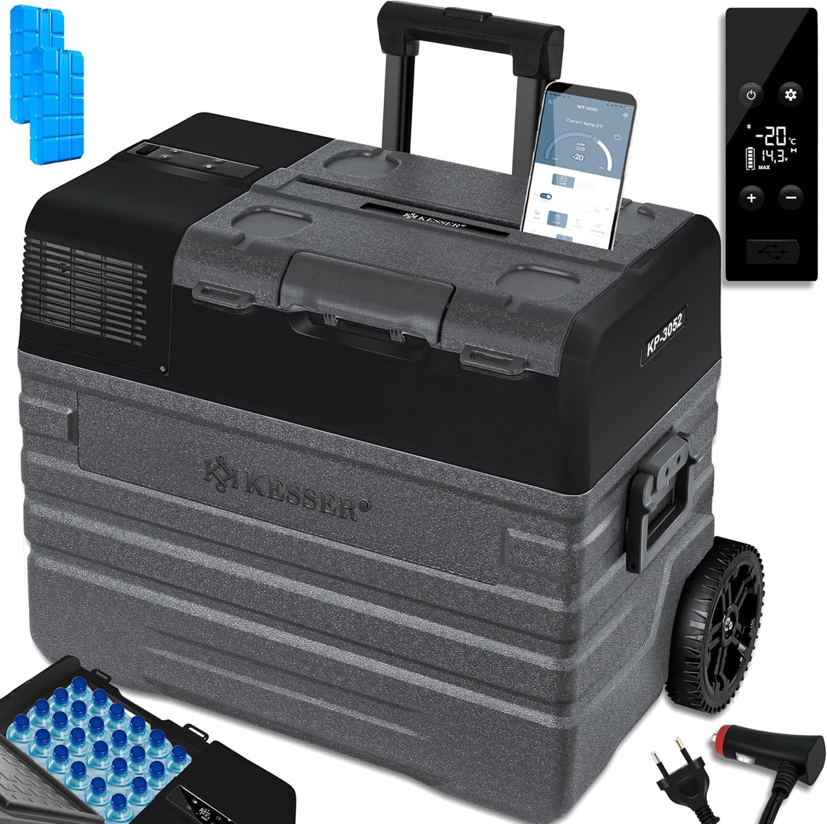 KESSER, Kompressor, 230 V, 52 L, Grau/Weiss, ® Kühlbox Auto elektrisch, Camping Kühlbox 12 / 24 / mit APP-Steuerung
