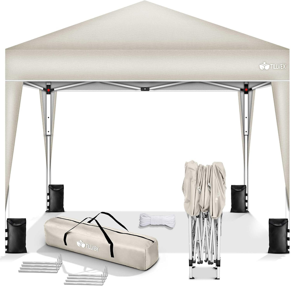 tillvex, Pavillon, Weiss/Grau, ® 3x3 m Wasserdicht + 4X Sandsäcke, Stabil & Winterfest