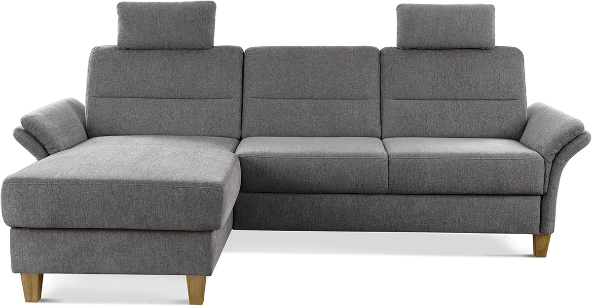 Sofa, CAVADORE, Grau, Eckcouch Wyk mit Federkern / Eck im Landhaus-Stil mit, 2 Kopfstützen + Holzfüssen / 252 x 90 x 162 / Chenille