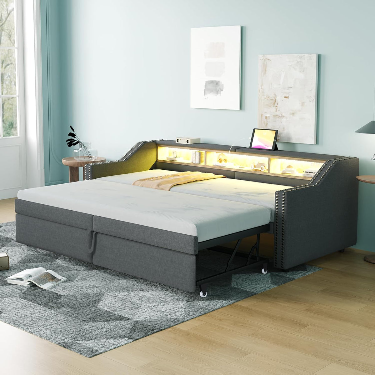 RIAZOS, Matratze, 180 x 200 cm, Dunkelgrau, Polsterbett Ausziehbares Schlafsofa 90 /, Daybett mit LED und USB Ladefunktion