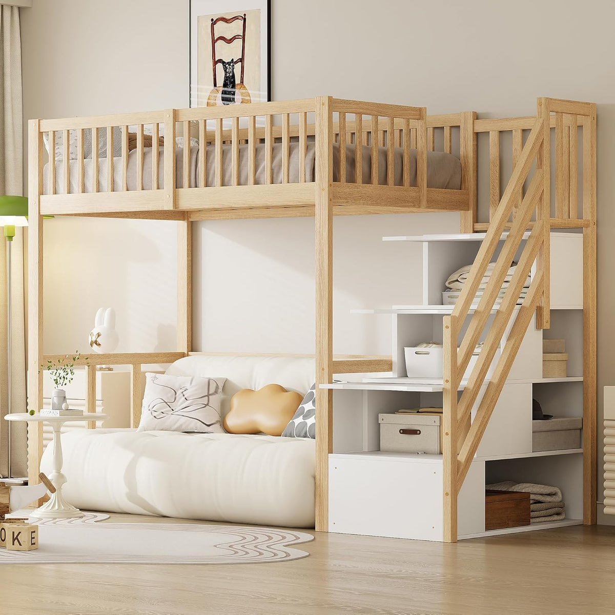 Merax, Matratze, 90 x 200 cm, Weiss, Hochbett, Multifunktionales Kinderbett mit Stauraum Treppe, Holzfarbe und (Ohne )