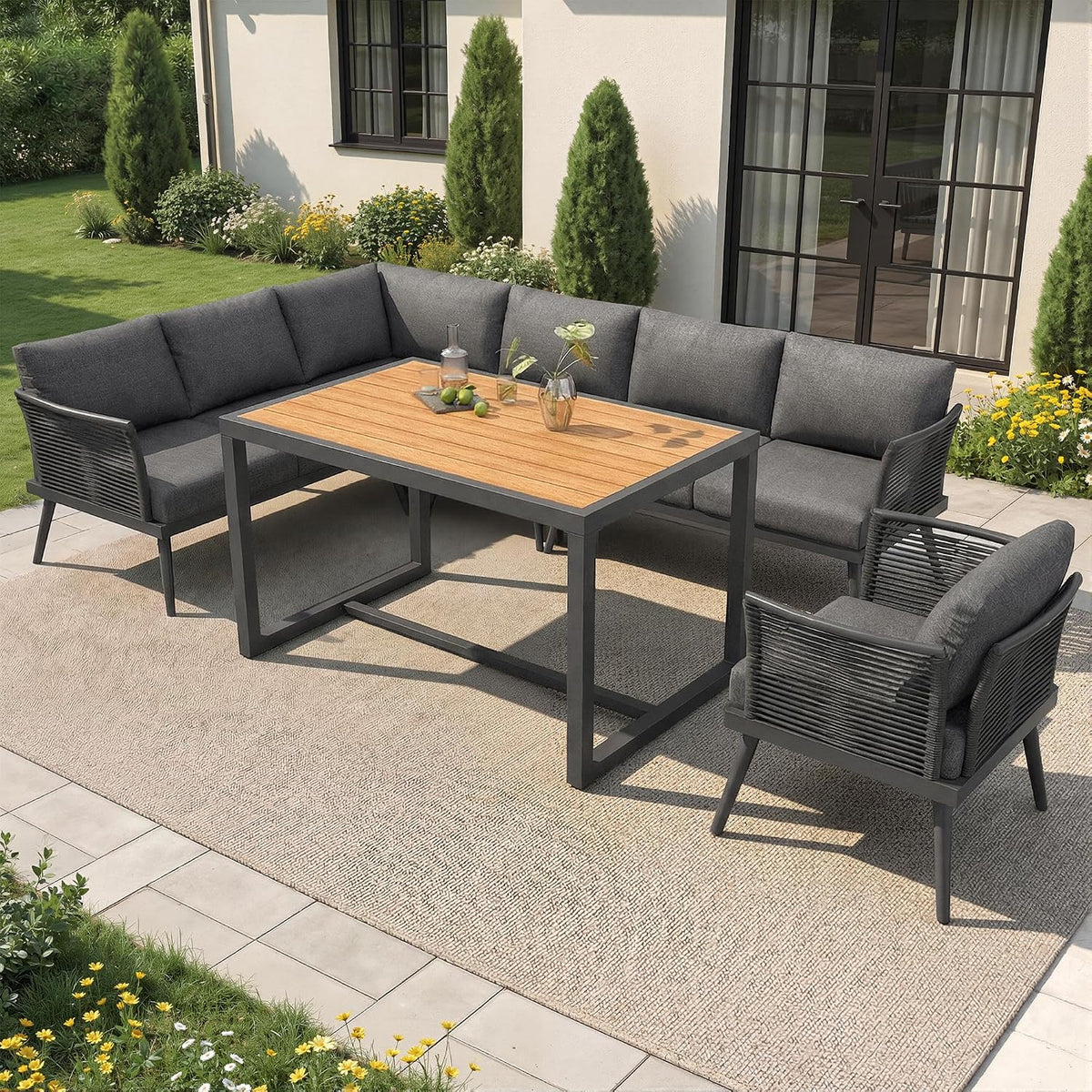 Sofa, ZKLOEP, Grau/Beige, Siebenpersonen L-förmiges Garten -Set mit geflochtenen