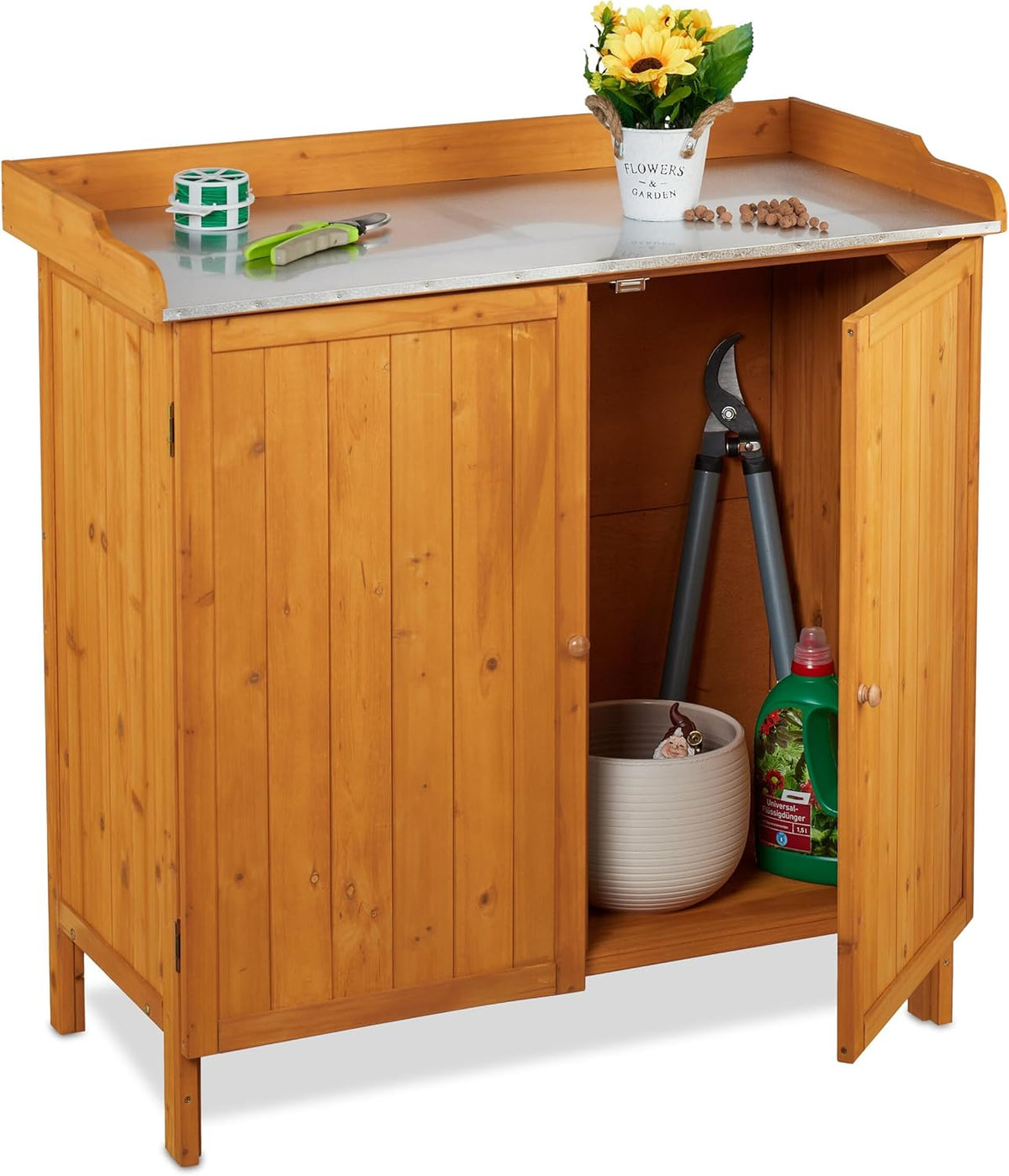 Relaxdays, Pflanztische, 94 x 94 x 47 cm, Braun, Pflanztisch mit Unterschrank, Holz, Zinn Arbeitsplatte, HBT:, Outdoor Gartenschrank