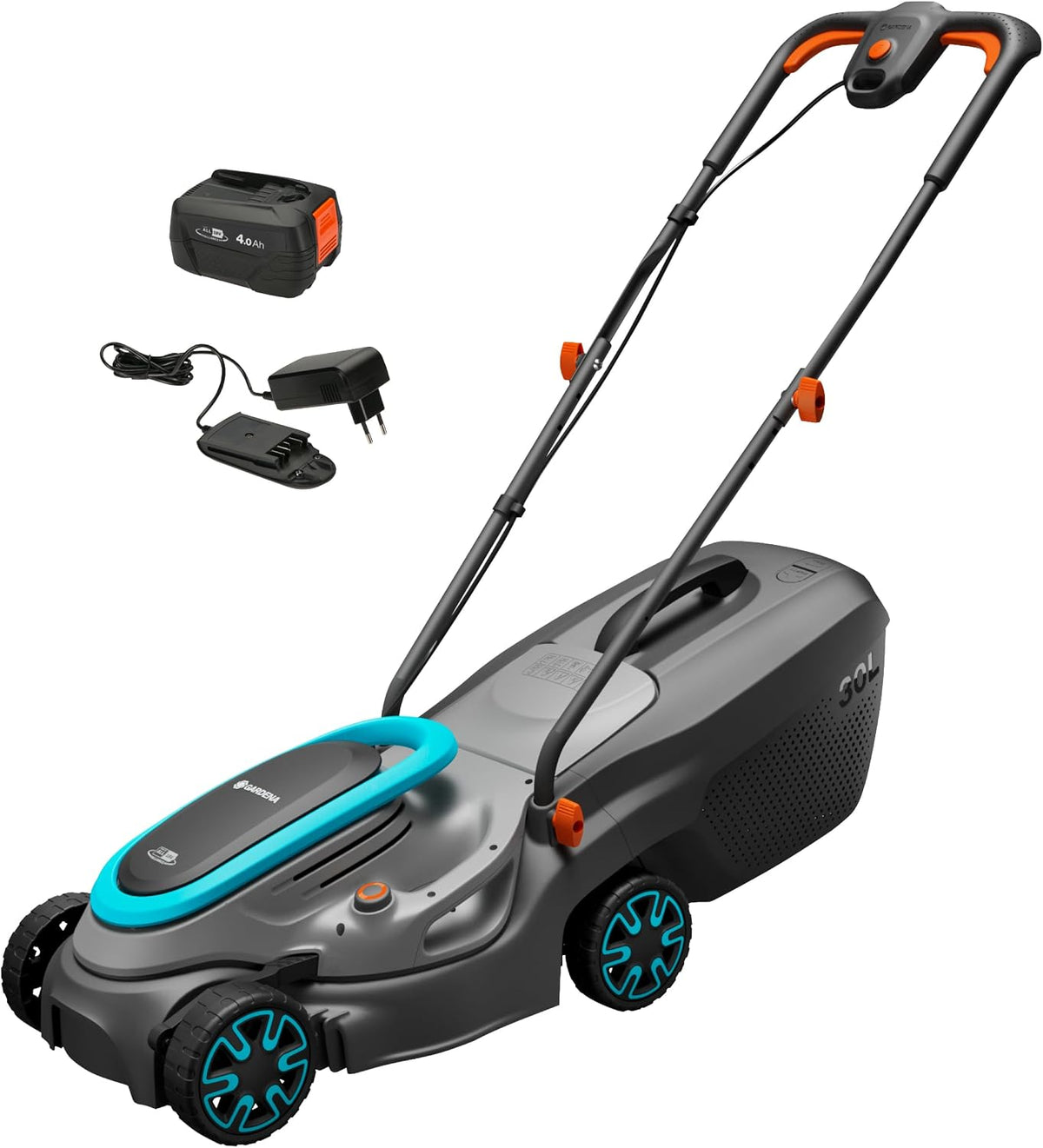 Gardena, Rasenmäher, 32 cm, 18 V, 30 l, Grau/Weiss, Akku- PowerMax 32 / P4A Ready-to-Use Set: Schnittbreite, Fangkorb