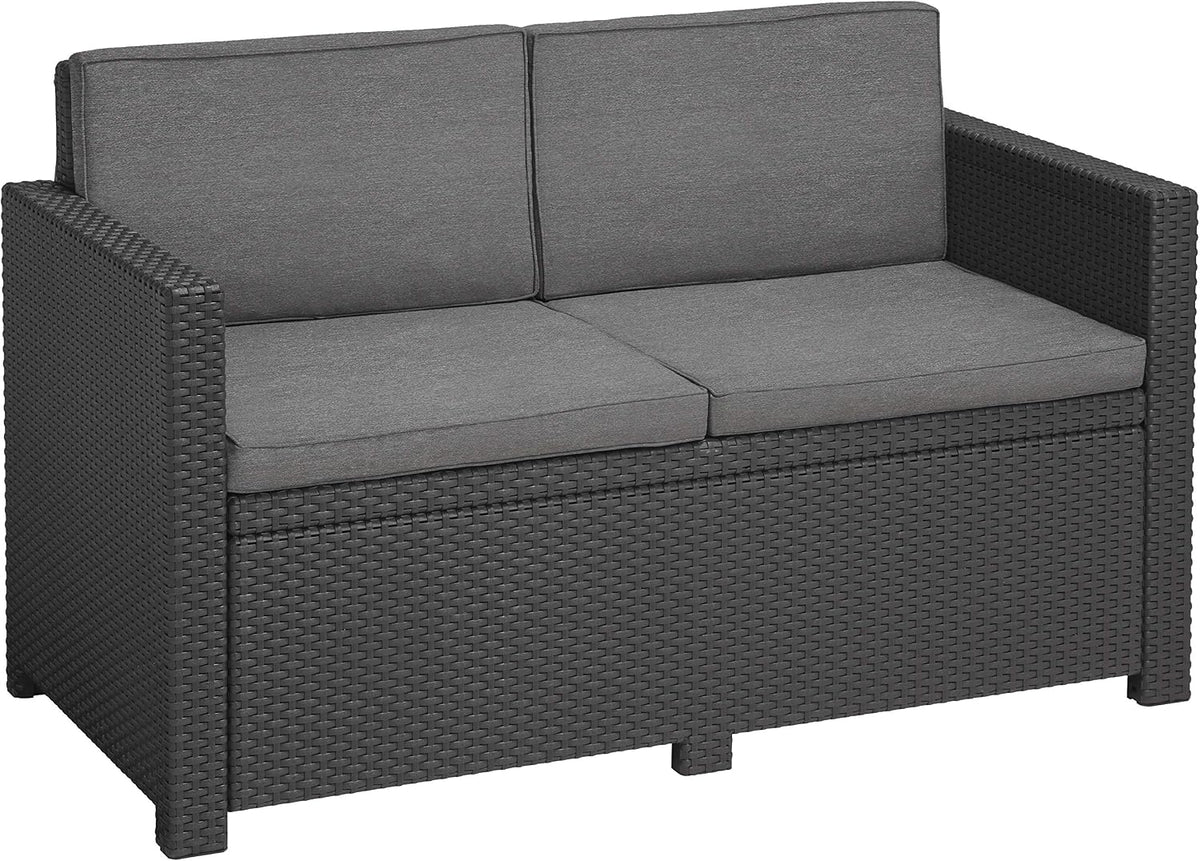 Keter, Sofa, 129 x 63 x 77 cm, Grau, Allibert by Victoria Garten - 2-Sitzer Lounge in Rattanoptik, Inkl. Sitz- & Rückenkissen