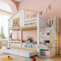 Jovify, Matratze, Weiss/Natur, Kinderbett 90x200, Etagenbett für 2 Kinder, Hausbett Hochbett mit Ausziehbett&Treppe&Fenstern&Dach