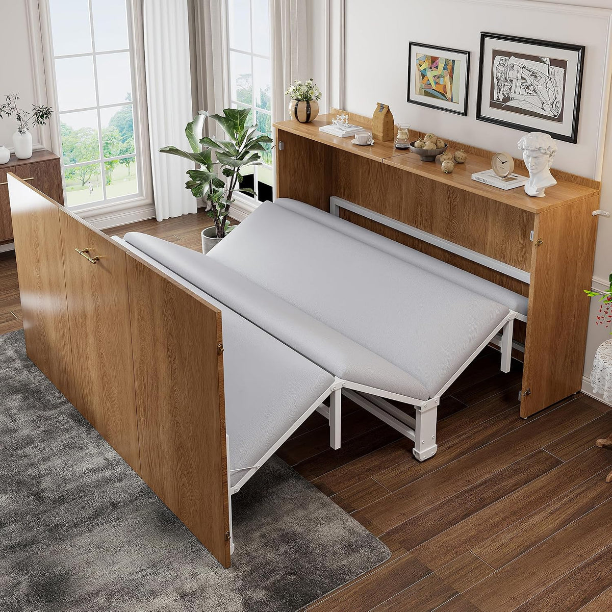 staronce, Bett, 140x200 cm, Grau/Braun, Klapp, Gäste Klappbar, Schrank Murphy- Holz