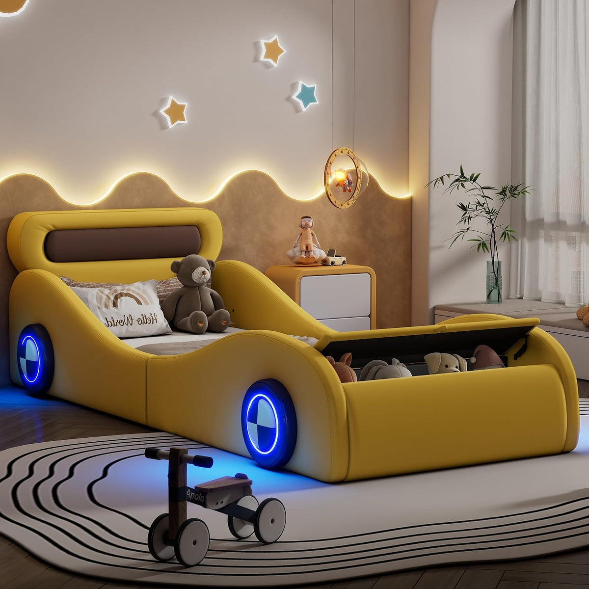MYBOO, Matratze, Gelb, Autobett Kinderbett Jugendbett 90x200, Polsterbett Einzelbett mit leuchtenden Rädern&Stauraum