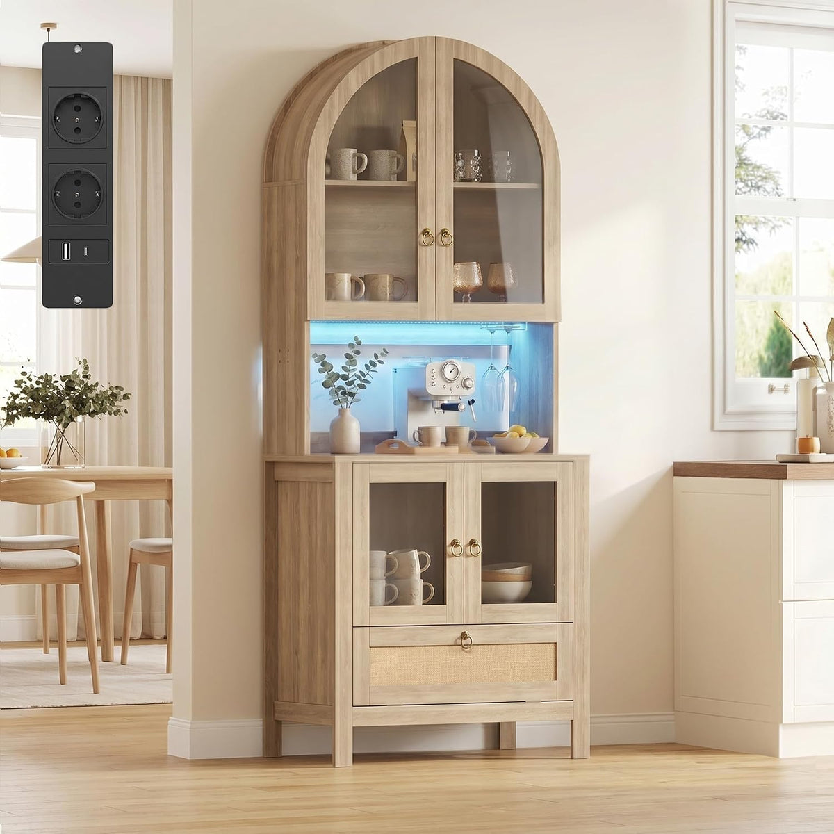 GRAVFORCE, Sideboard, 190 cm, Beige, Küchenschrank mit Arbeitsplatte und Steckdose, Buffetschrank mit LED Küche Glastür verstellbaren Böden
