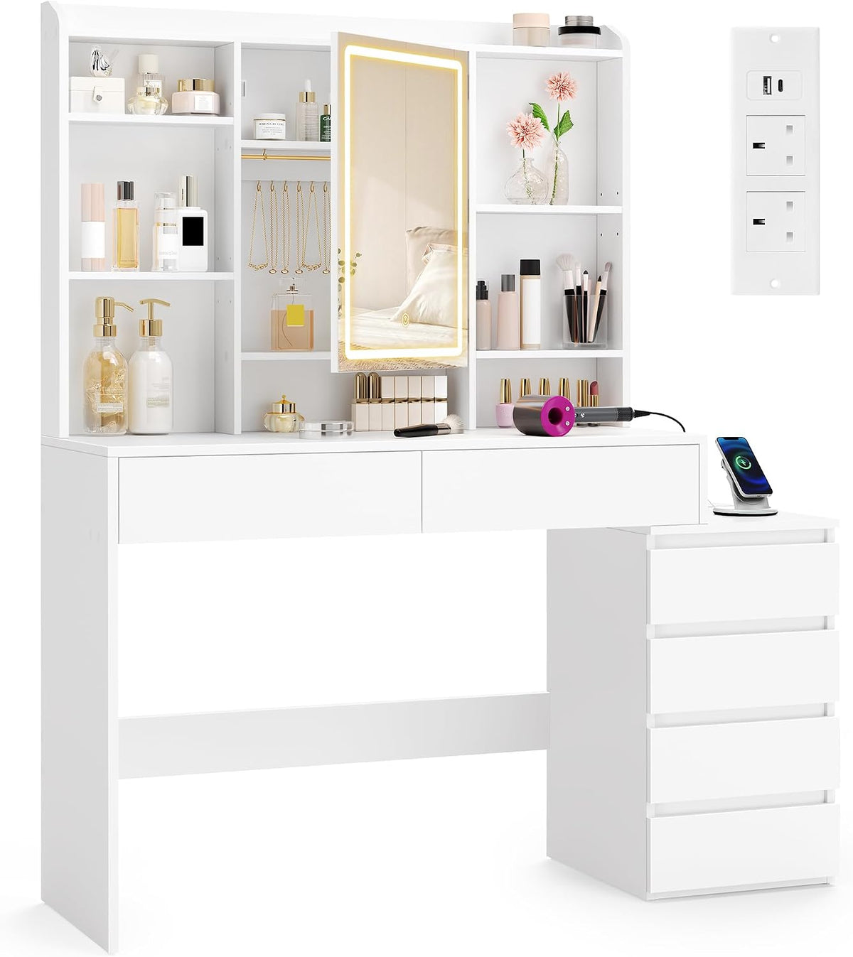 Schminktisch, VASAGLE, 40 x 124,7 x 145 cm, Weiss/Grau, mit LED-Beleuchtung
